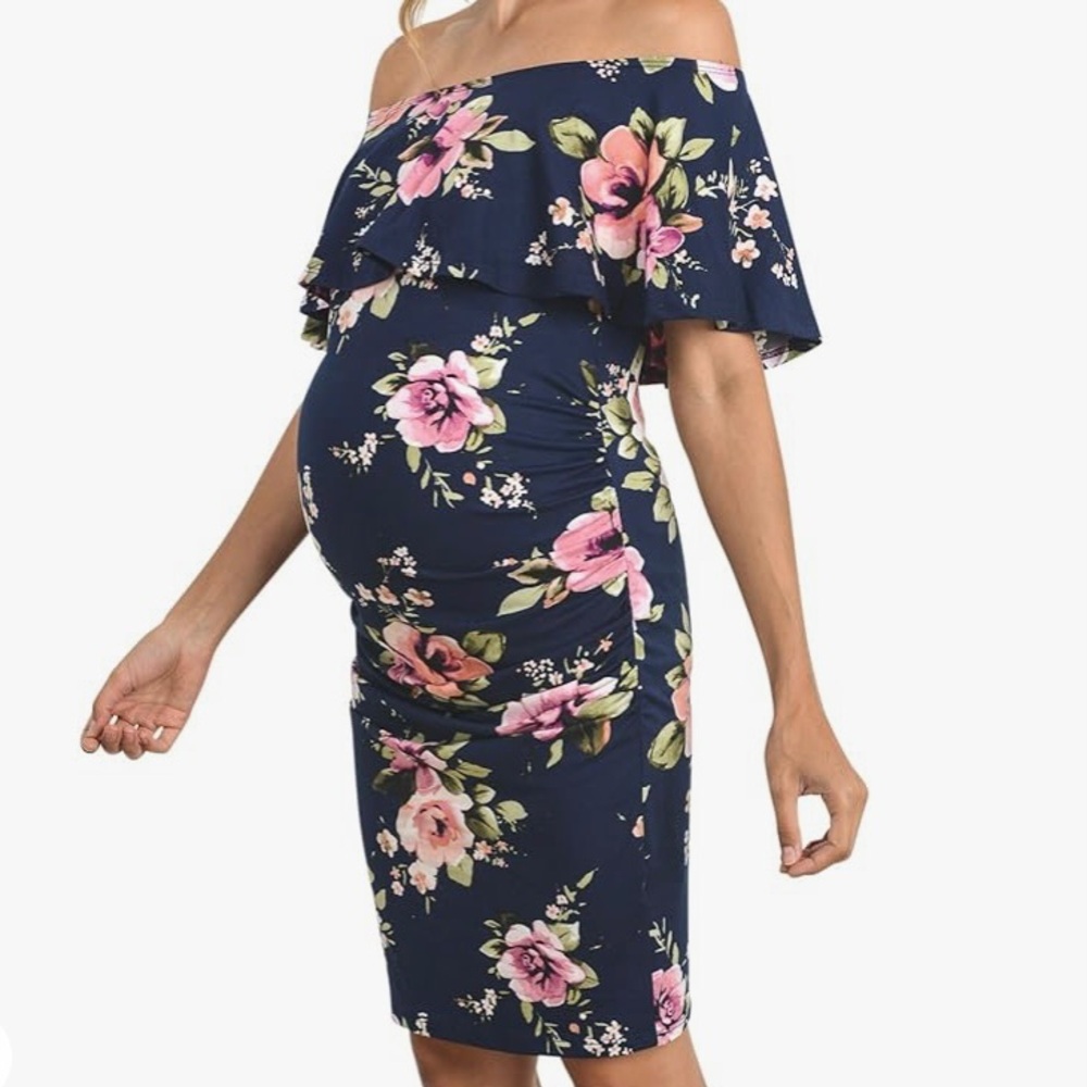Hello MIZ Off Shoulder Navy and Pink Floral Maternity Dress, Sleeveless, M, EUC